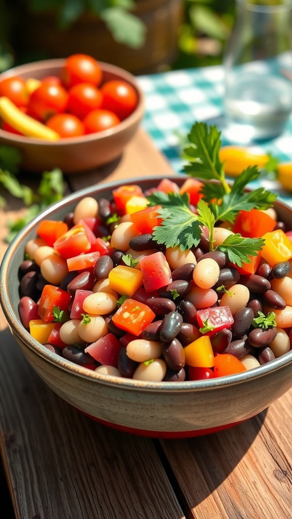 A colorful three bean salad with kidney beans, black beans, and garbanzo beans garnished with cherry tomatoes and parsley.